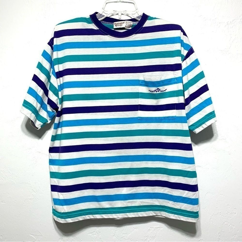 Vintage Huntington Ridge Blue & White Stripe Short Sleeve Shirt Top size Large